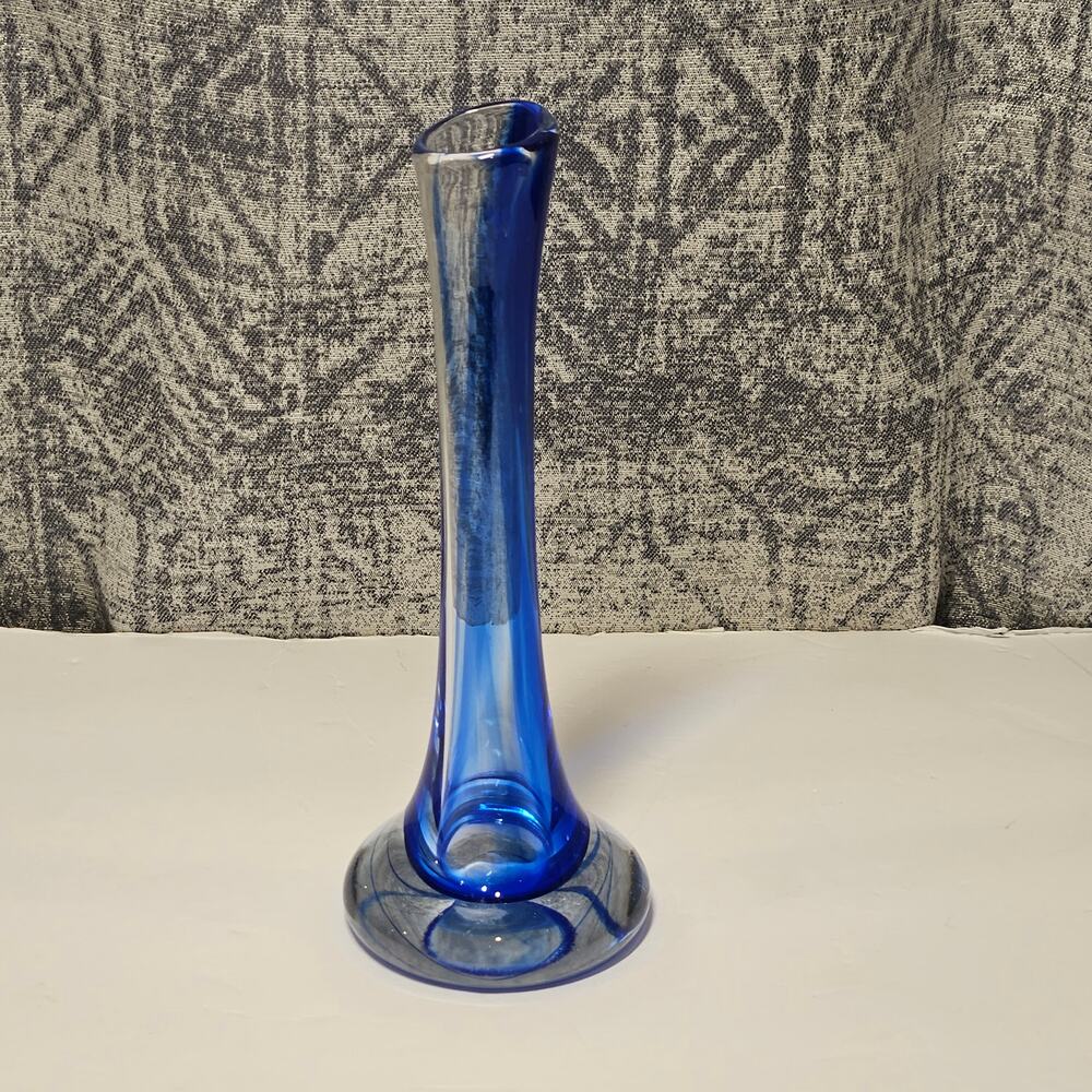 Vintage Cobalt Blue Hand Blown Art Glass Bud Vase Heavy Clear Base 9.5"